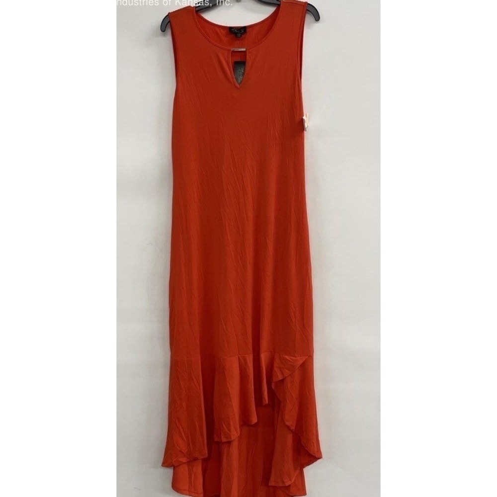 Thalia Sodi Womens Red Orange High Low Ruffle Maxi Dress Keyhole Neck Large NWT